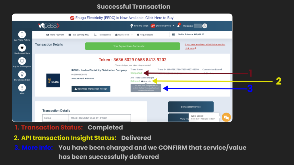 transaction completed view on the transactions view page. 